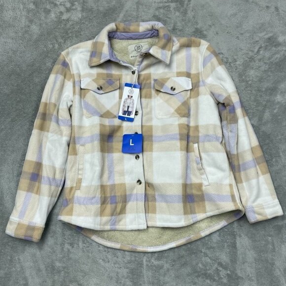 Sage Collective Womens Plaid Sherpa-Lined Jacket Beige & Purple Large d0348 - Picture 2 of 8